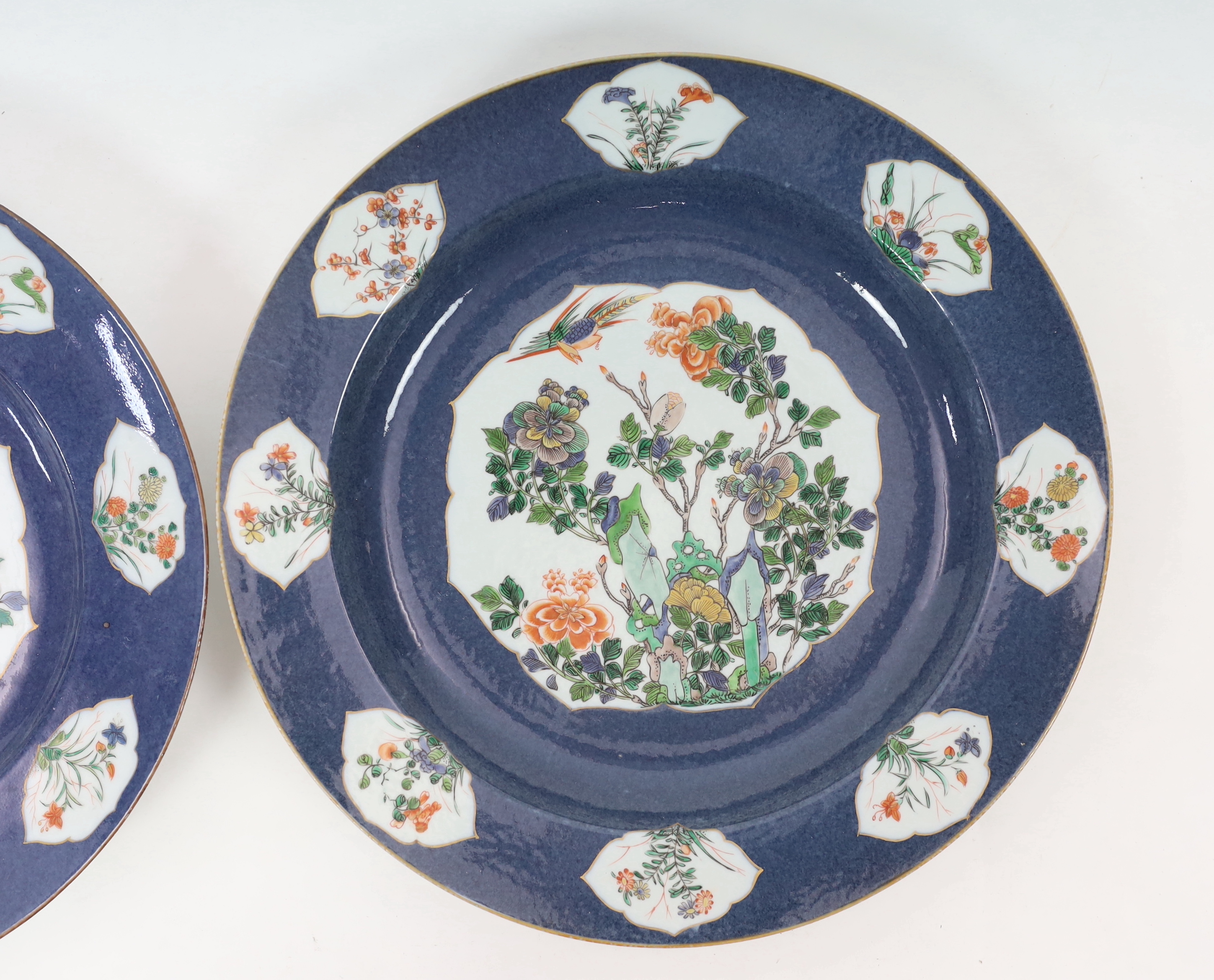 A near pair of Samson famille verte powder blue dishes in Chinese export style, one with some restoration